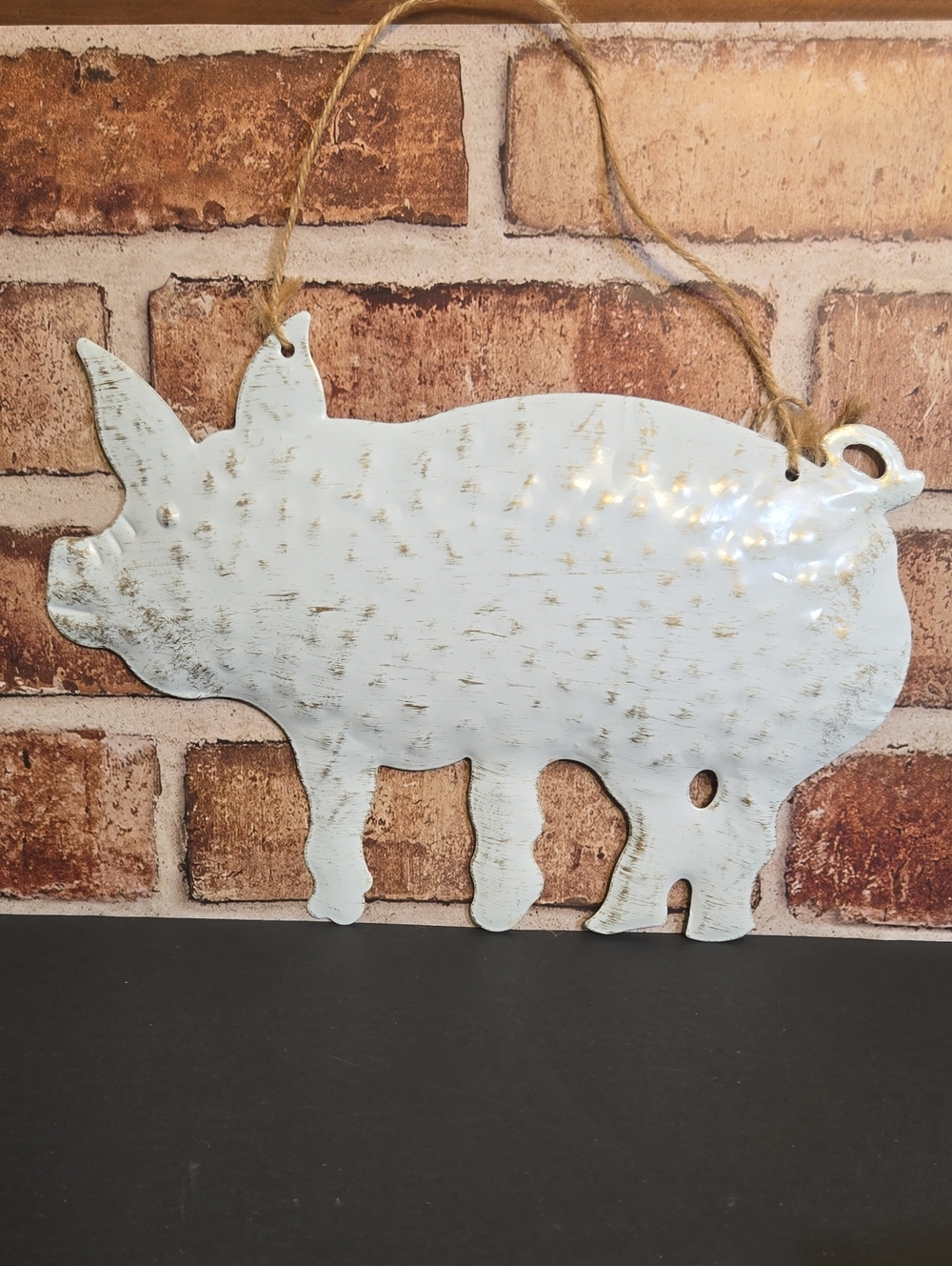 Distressed White Metal Pig Wall Hanging with Gold Accents And Jute Cord